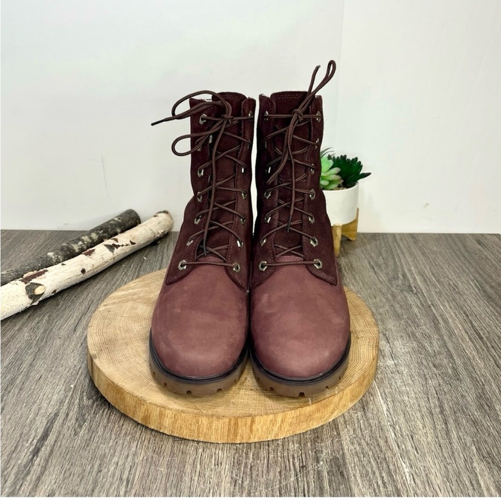 *Timberland | Waterproof Foldover Teddy Fleece Red Leather Suede Bootie Size 9.5 - Picture 5 of 16